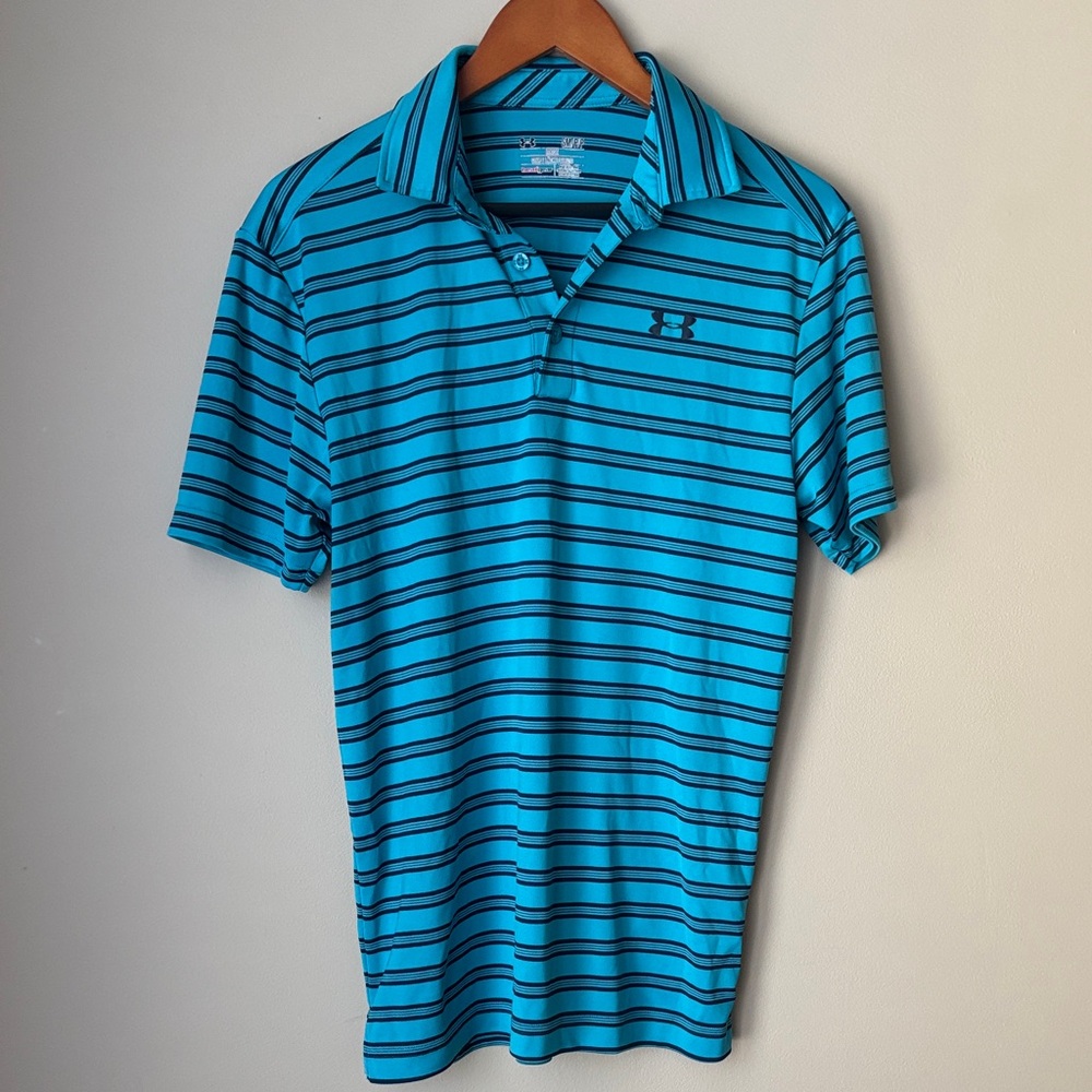 Under Armour Men's Aqua and Navy Blue Striped Polo - SM/P/P